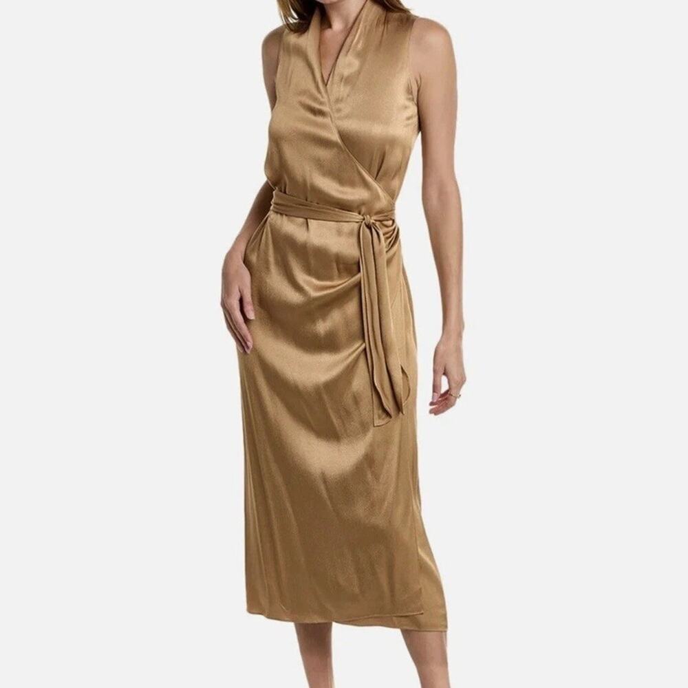 Vince Bronze Belted Satin Midi Wrap Dress XS NEW